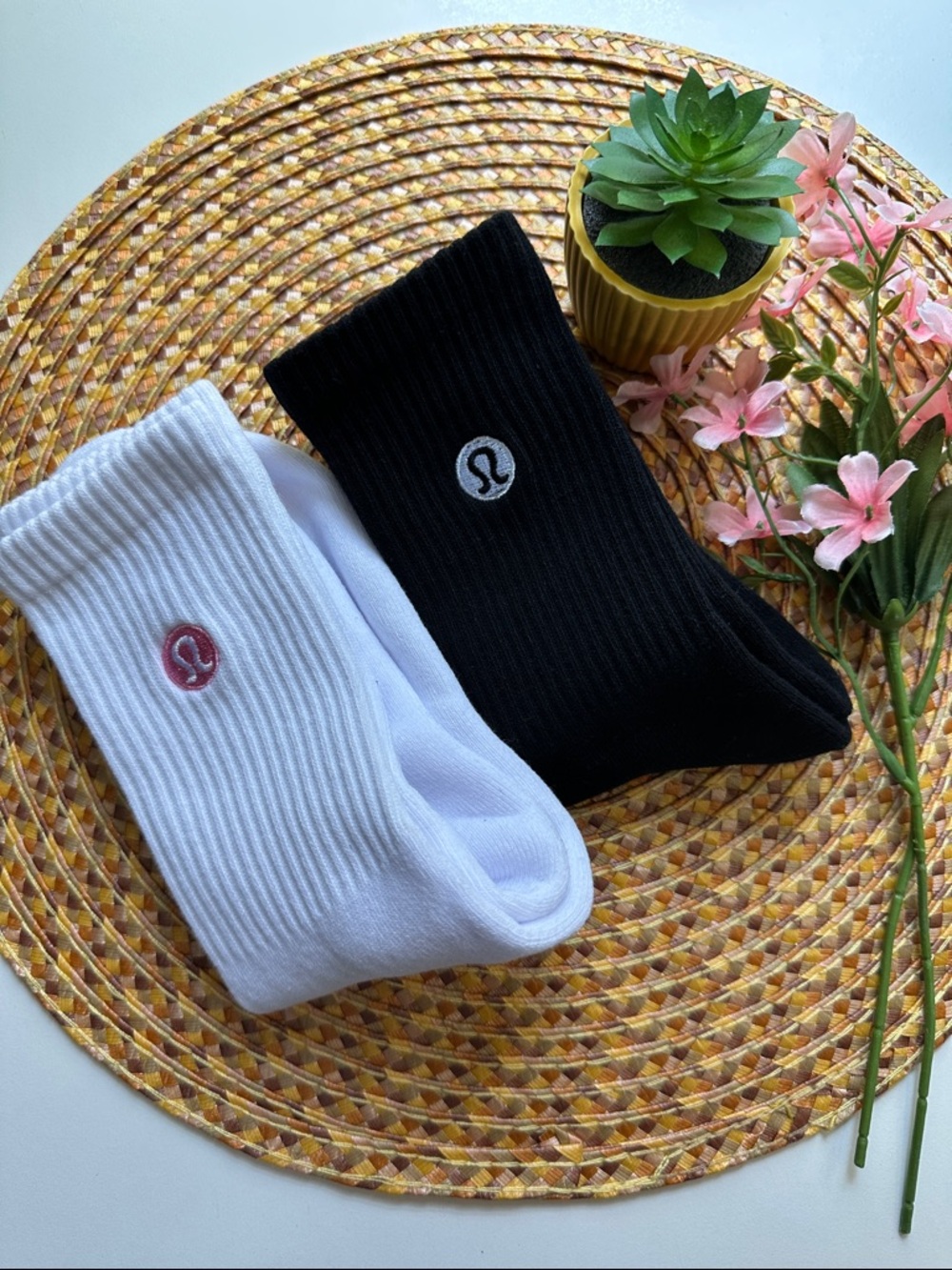 lululemon athletica Black & White Ribbed Crew Socks with Logo